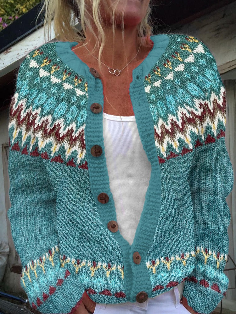 Damen nan gemusterte Strickjacke mit Rundpasse, Holzknöpfen und Eingrifftaschen Drune