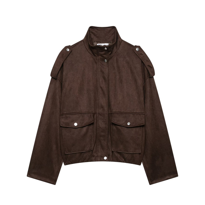 Damen Cropped Field-Jacke in Wildlederoptik mit Stehkragen, Schulterklappen und großen Pattentaschen Drune