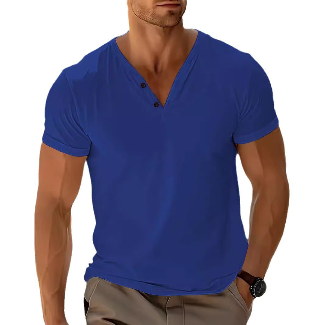 Herren nan kurzärmeliges Henleyshirt mit V-Ausschnitt und Zweiknopfleiste aus Baumwollmix Drune