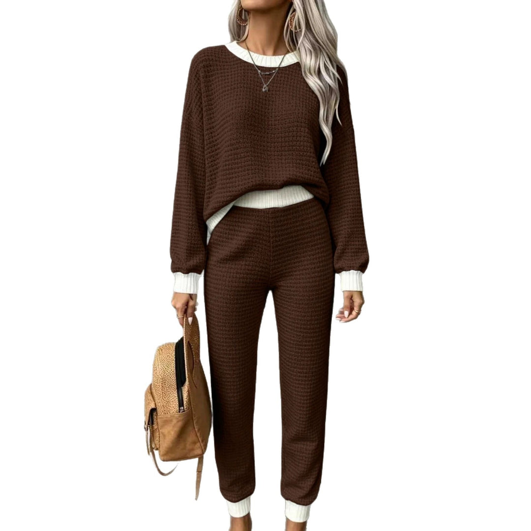 Damen Waffelstrick-Komfort-Set mit hochtaillierter Slim-Jogginghose und Oversize-Pullover Drune