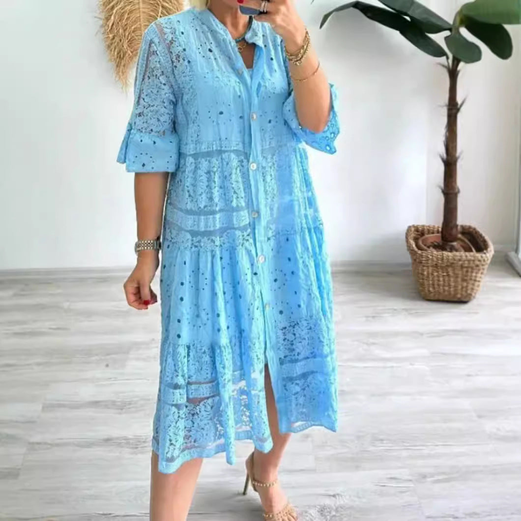 Damen nan romantisches Midikleid mit Broderie-Anglaise, durchgeknöpftem Oberteil, Stehkragen, halblangen Volantärmeln und stufigem Saum Drune