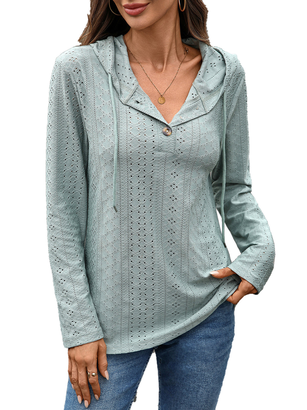 Damen Blusenshirt mit feinem Lochmuster und Kapuze Drune