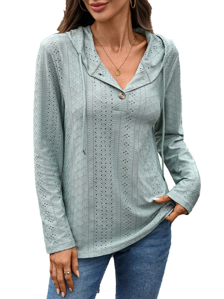 Damen Blusenshirt mit feinem Lochmuster und Kapuze Drune
