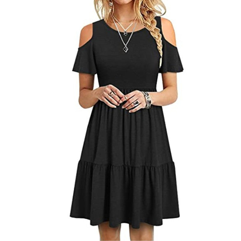 Damen lässiges Kleid mit kaltem Schulterdesign und voluminösem Rock Drune