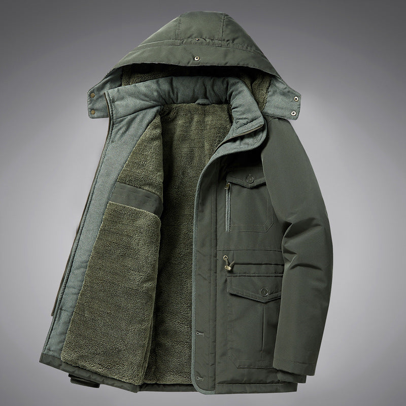 Herren  kälteproof Kapuzenparka mit vollem Sherpa-Innenfutter, Samtkragen und multifunktionalen Taschen Drune