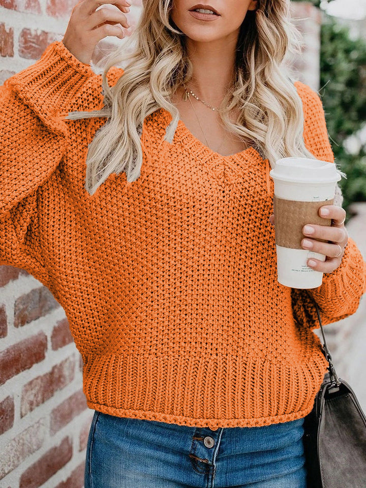 Damen Oversize Grobstrickpullover mit V-Ausschnitt und Rippsaum Drune