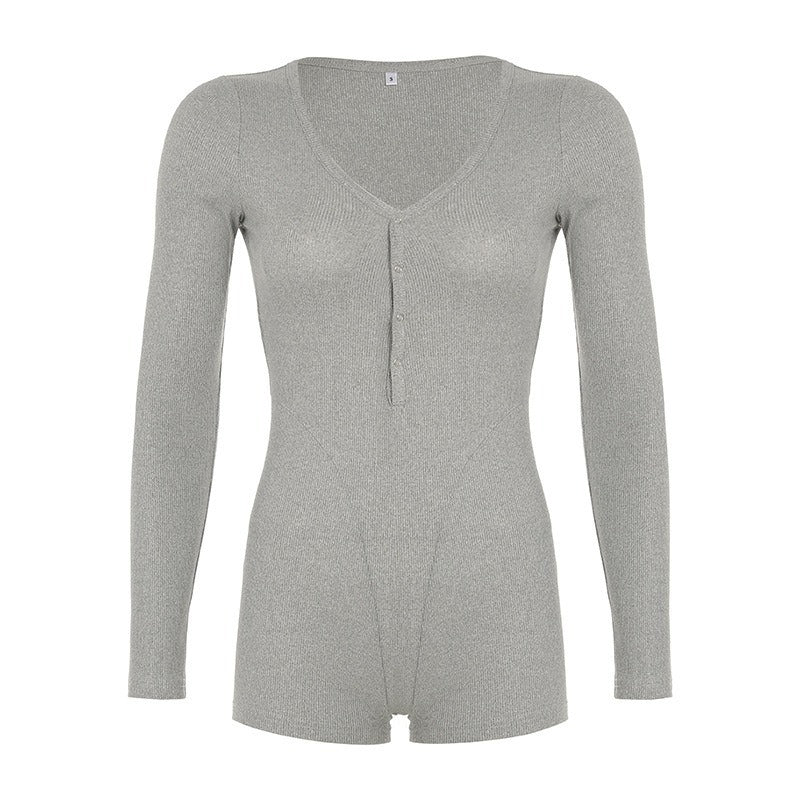 Damen Langarm-Bodysuit mit V-Ausschnitt und Knopfleiste Drune