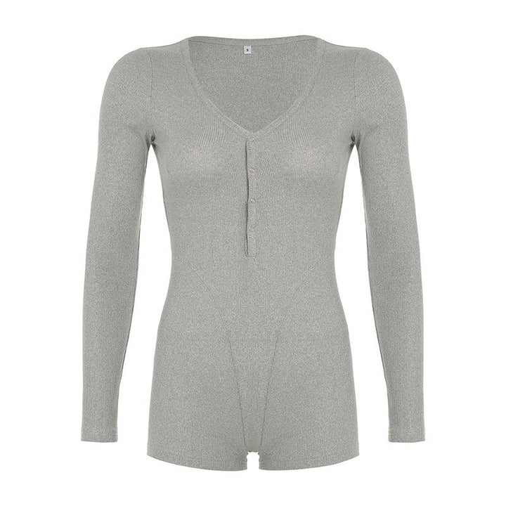 Damen Langarm-Bodysuit mit V-Ausschnitt und Knopfleiste Drune
