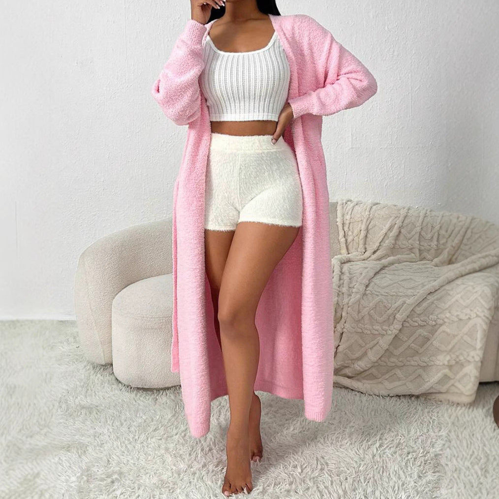Damen Langer Wickel-Cardigan in Flausch-Optik mit Bindegürtel Drune