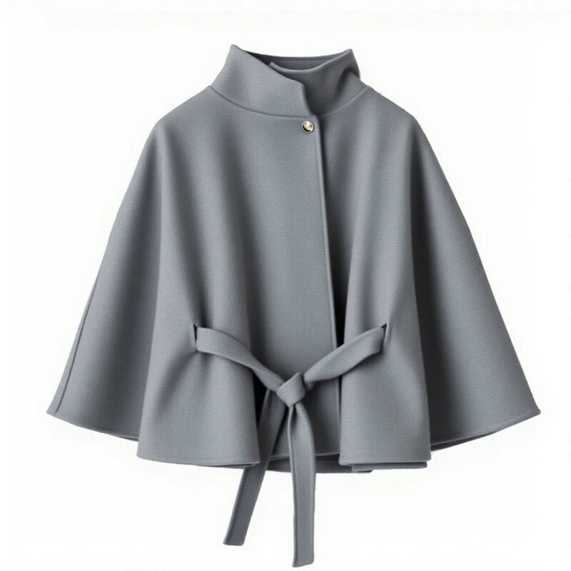 Damen elegante Umhangjacke mit Bindegürtel und hochgeschlossenem Kragen Drune