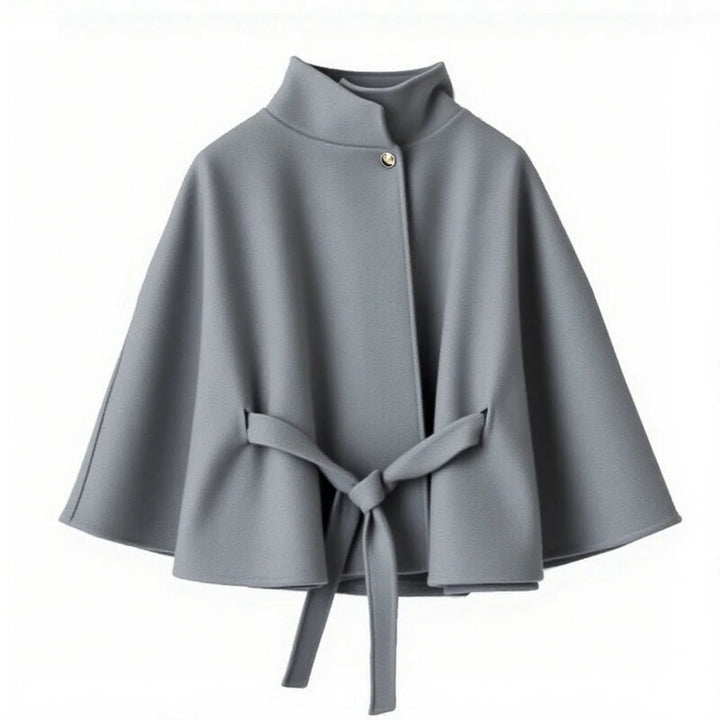 Damen elegante Umhangjacke mit Bindegürtel und hochgeschlossenem Kragen Drune