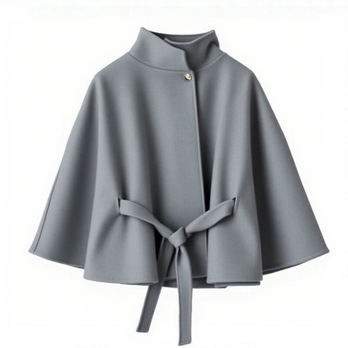 Damen elegante Umhangjacke mit Bindegürtel und hochgeschlossenem Kragen Drune