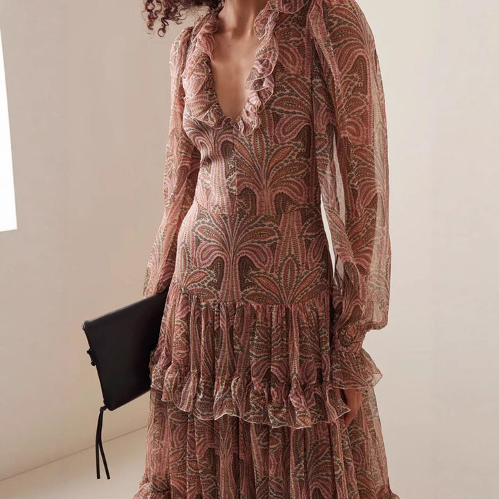 Damen Maxikleid mit rüschenverziertem Gewebe und elegantem V-Ausschnitt Drune