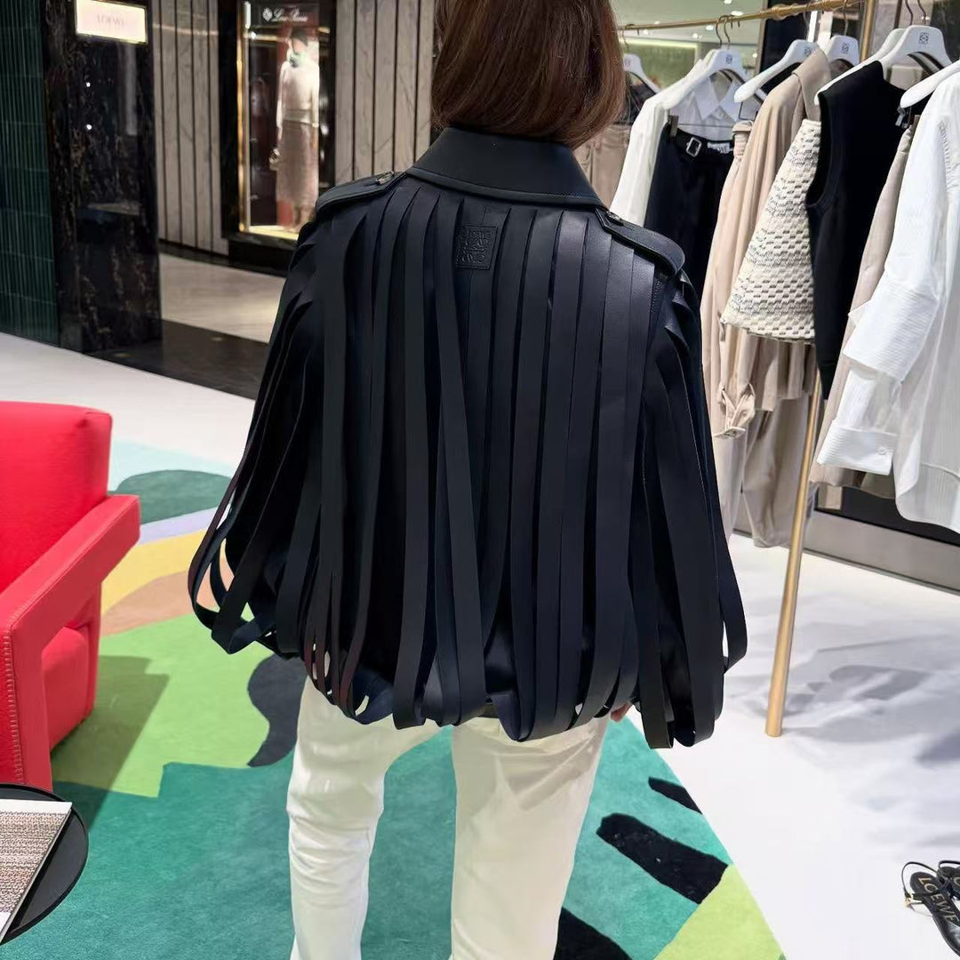 Damen Lederimitat‑Fransenblouson mit Stehkragen und Taillengürtel Drune