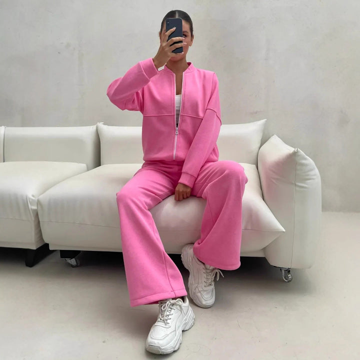 Damen Zweiteiliges Loungewear-Set mit kurzem Bomber-Zip und weiter hochgeschnittener Jogginghose Drune
