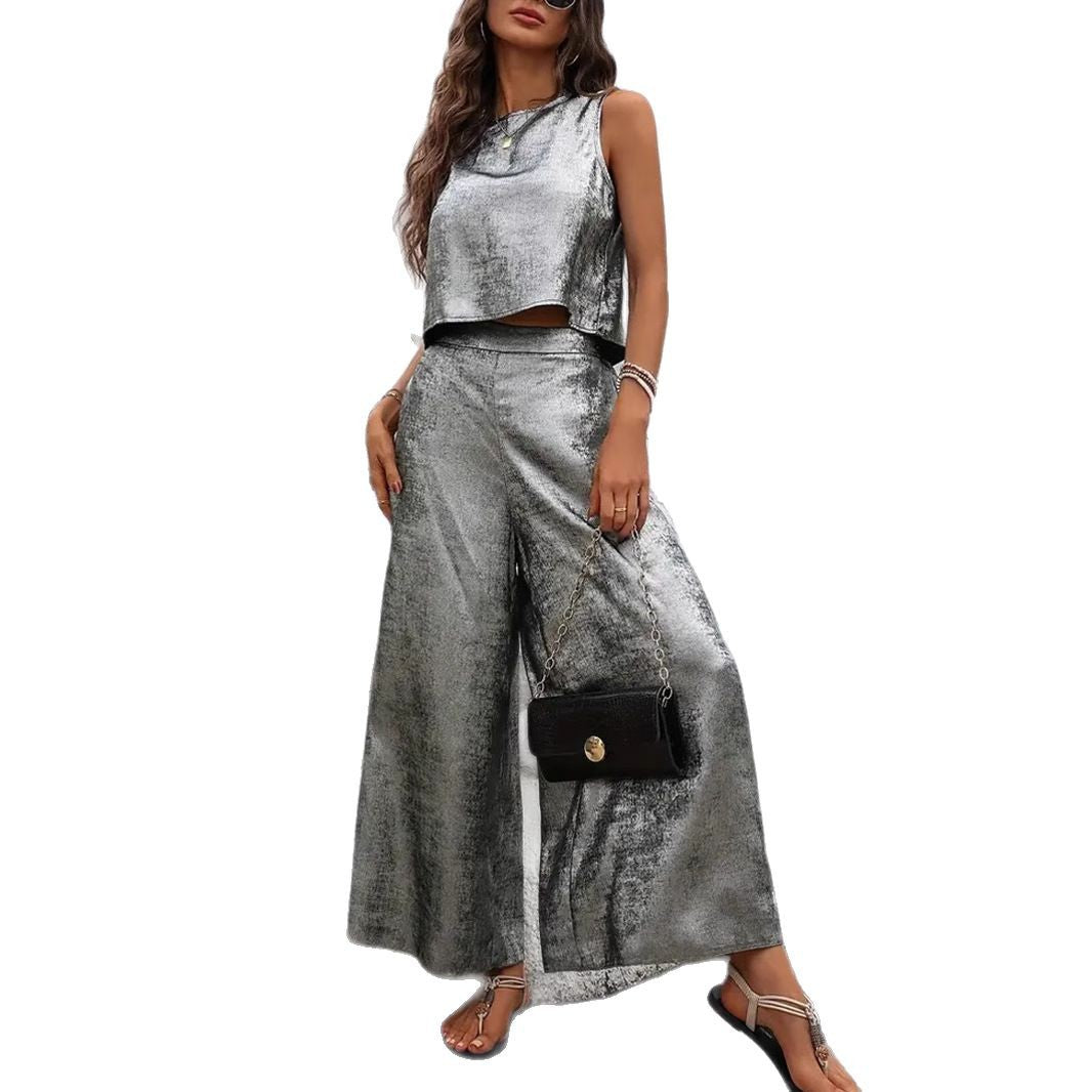 Damen Glänzendes Set aus ärmellosem Oberteil und weitem Hosen Drune