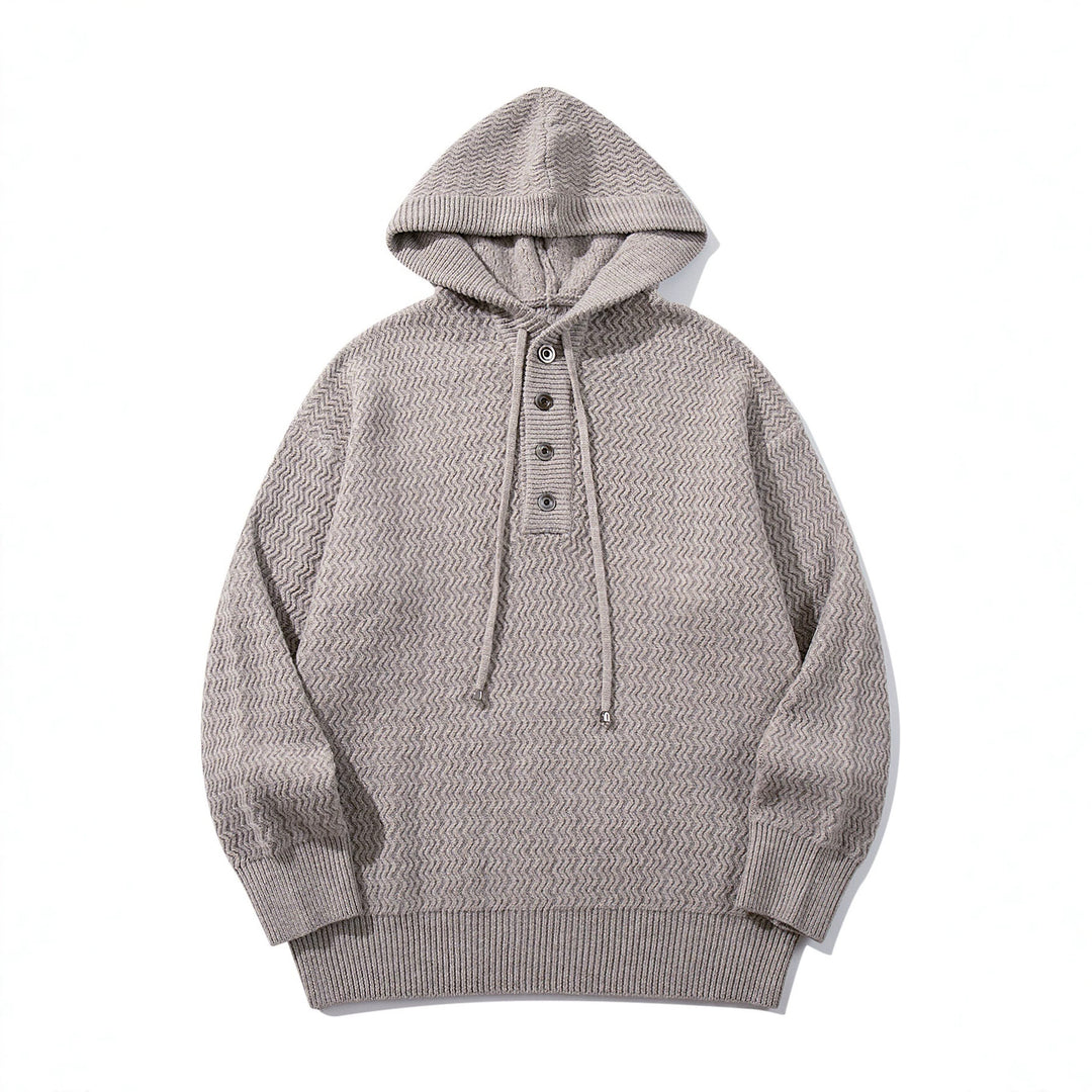 Unisex Strukturierter Kapuzen‑Strickpullover mit Henley‑Knopfleiste Drune
