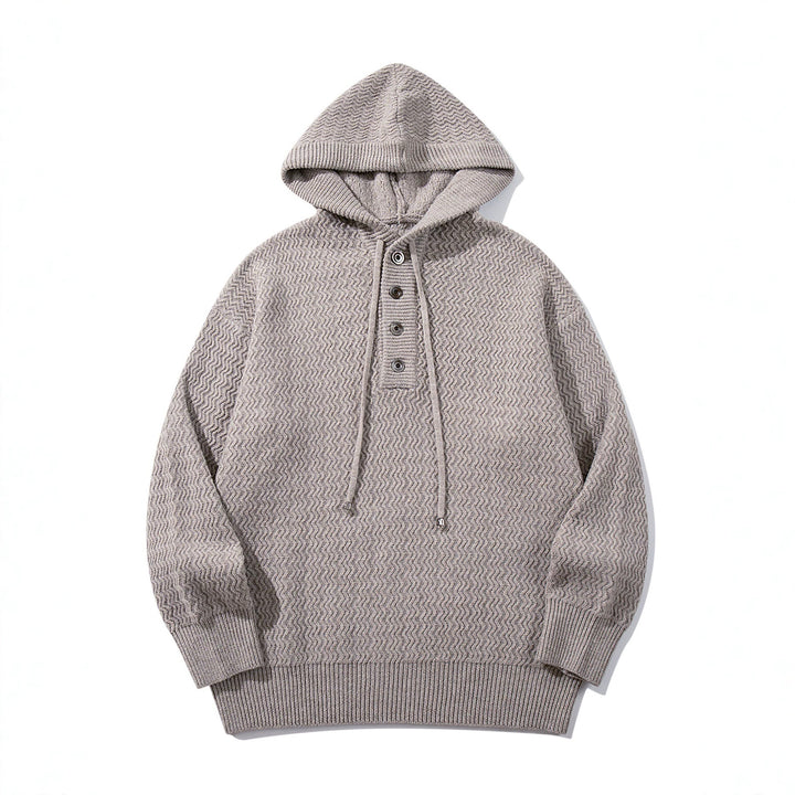 Unisex Strukturierter Kapuzen‑Strickpullover mit Henley‑Knopfleiste Drune
