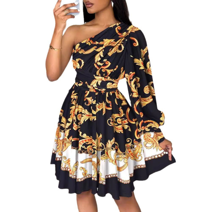Damen Ein-Schulter-Blusenkleid mit elegantem Muster und Rüschendetails Drune