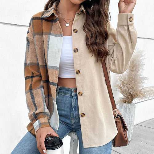 Damen Oversize‑Hemdjacke mit zweigeteilter Karo‑ und Uni‑Optik und Knopfleiste Drune