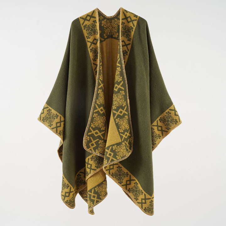 Damen Oversize-Umhangponcho aus Wollmix mit gewebter Bordüren-Jacquard und Zierkettelnaht Drune