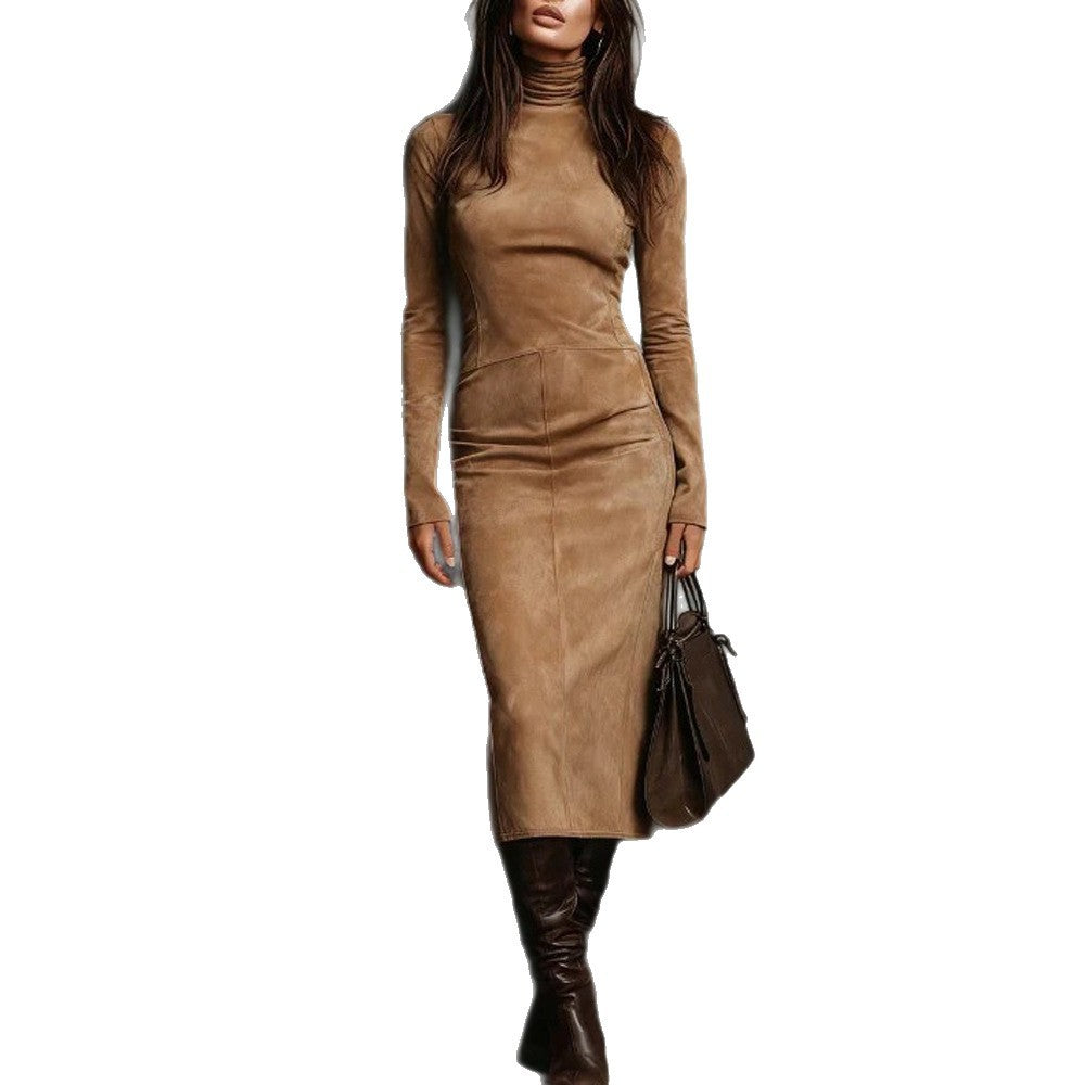 Damen Tailliertes Midi Kleid im Samt-Look mit Rollkragen und maßgeschneiderter Silhouette Drune