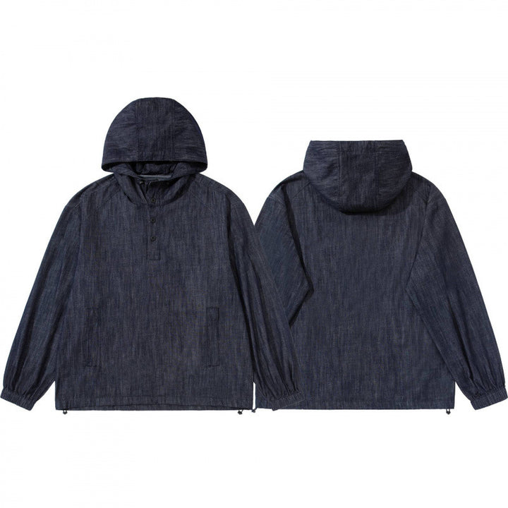 Unisex Denim-Blend Kapuzenpullover im Overshirt-Stil mit Henley-Knopfleiste Drune