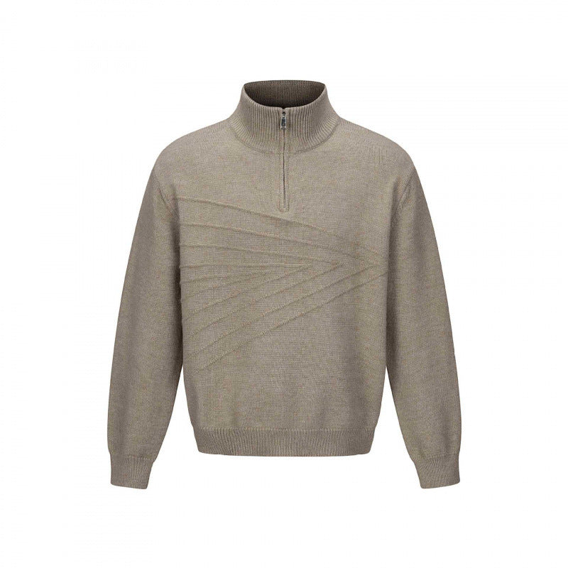 Unisex Feinstrick-Halbzipp-Pullover mit Stehkragen und diagonaler Struktur Drune