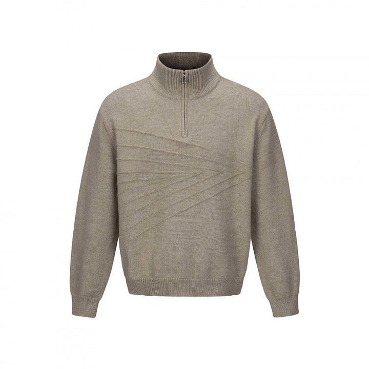 Unisex Feinstrick-Halbzipp-Pullover mit Stehkragen und diagonaler Struktur Drune
