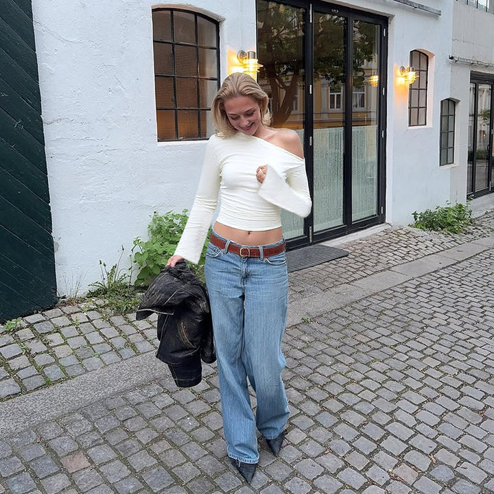 Damen Elegantes Einseitig-Halbarmtop mit modischem Strukturdesign und passenden Pants Drune