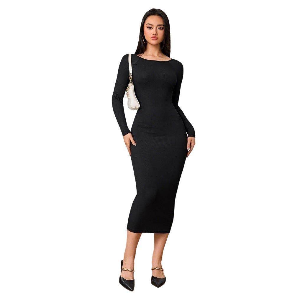 Damen figurbetontes Stretch-Midikleid mit U‑Boot‑Ausschnitt und figurformendem Rippstrick Drune