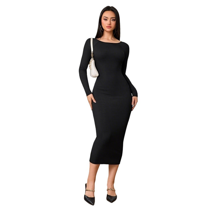 Damen figurbetontes Stretch-Midikleid mit U‑Boot‑Ausschnitt und figurformendem Rippstrick Drune