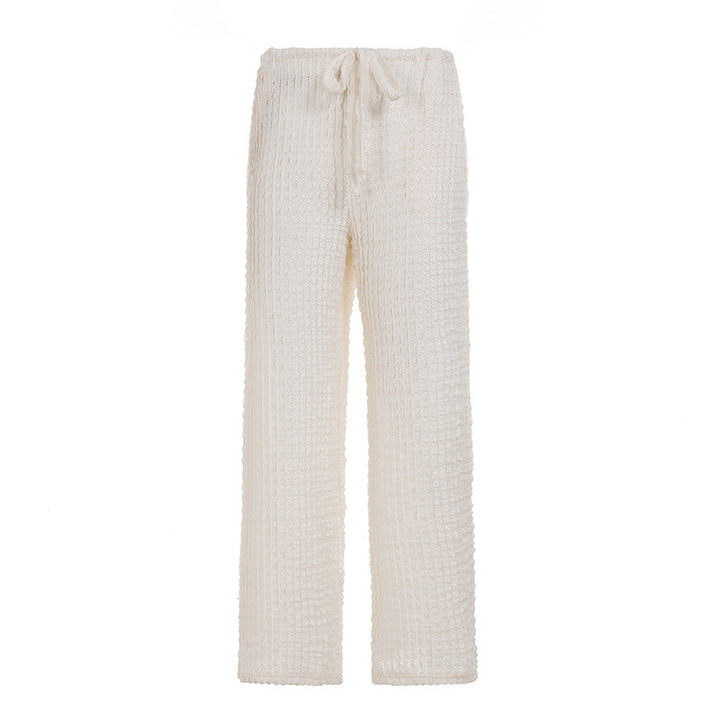 Damen nan kuschelige Strick-Loungehose mit weitem Bein, hoher Taille und Kordelzug Drune