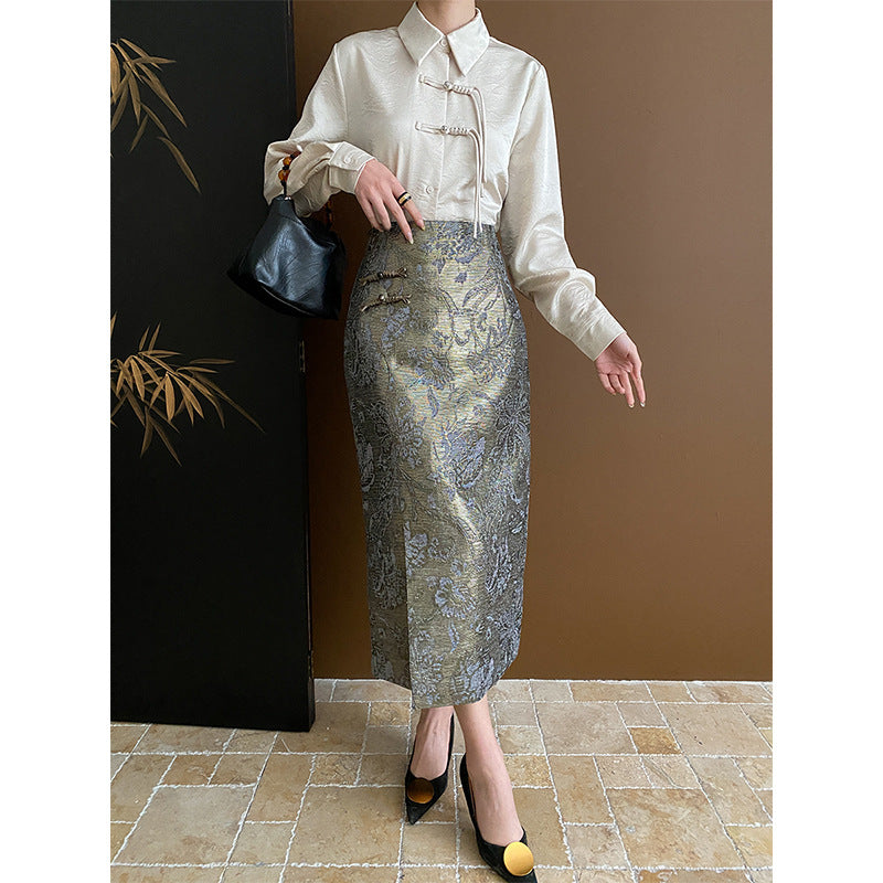 Damen eleganter Maxirock mit floralem Muster und seitlichem Schlitz Drune