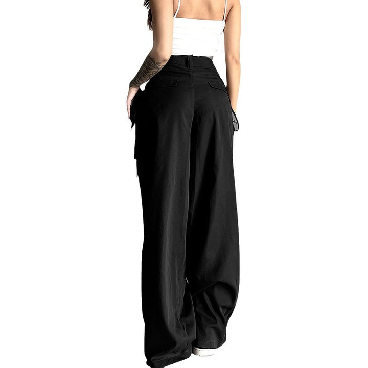 Damen nan hochtaillierte weite Bundfaltenhose mit Cargo‑Details, Gürtelschlaufen und geradem Beinschnitt Drune