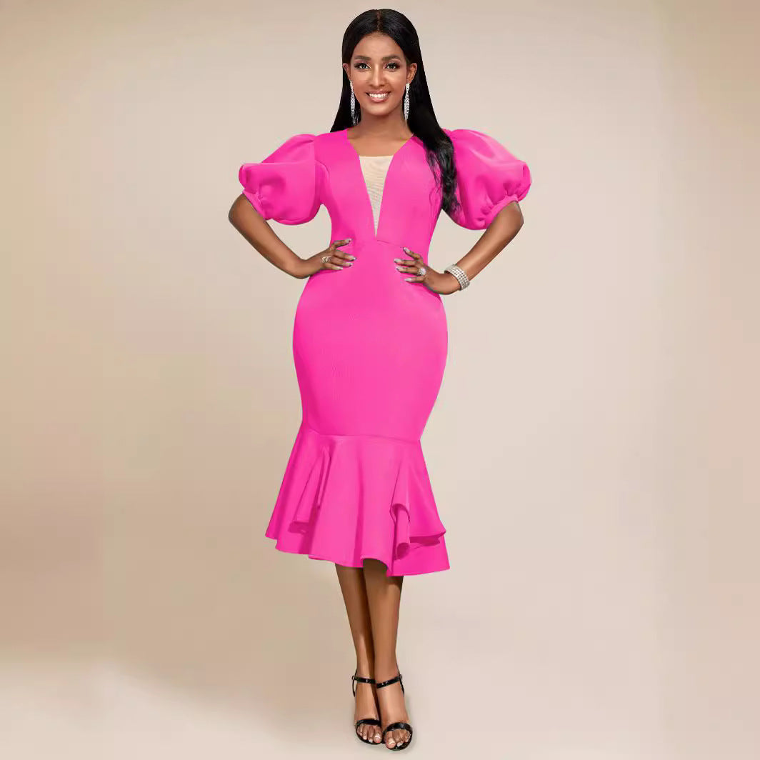 Damen figurbetontes Kleid mit voluminösen Puffärmeln und Rüschenabschluss Drune
