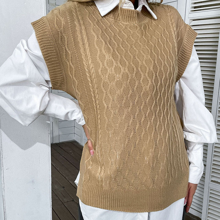 Damen Oversize Strickweste mit Zopfmuster und Rundhalsausschnitt Drune