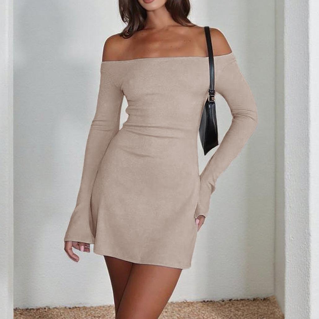 Damen elegantes schulterfreies Minikleid mit langen Ärmeln und figurbetontem Schnitt Drune