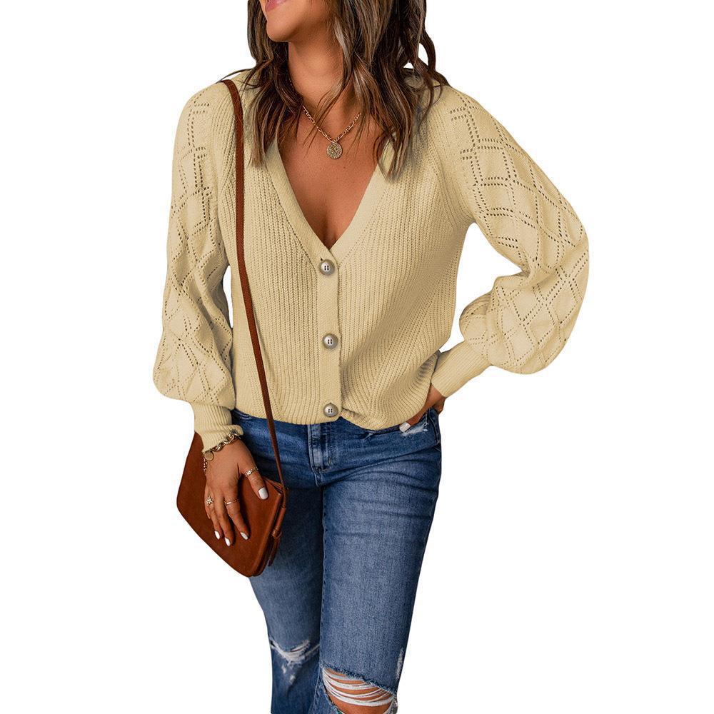 Damen Strickcardigan mit V-Ausschnitt, Zierknopfleiste und Ajourballonärmeln Drune