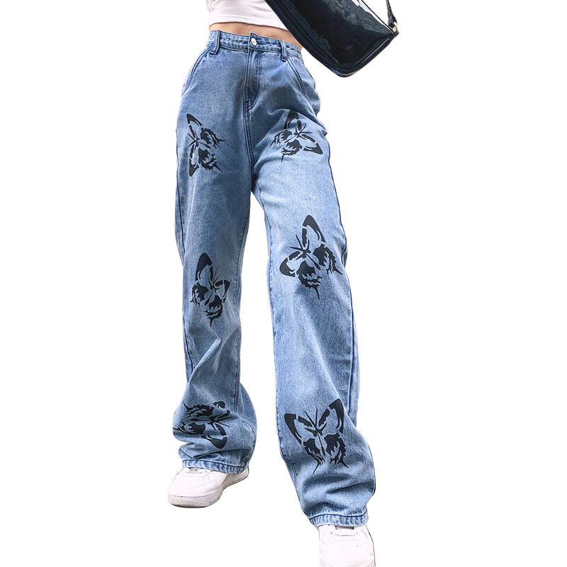 Damen nan weite High-Waist-Jeans mit Gothic-Schmetterlingsprint und entspanntem Straight-Leg Drune
