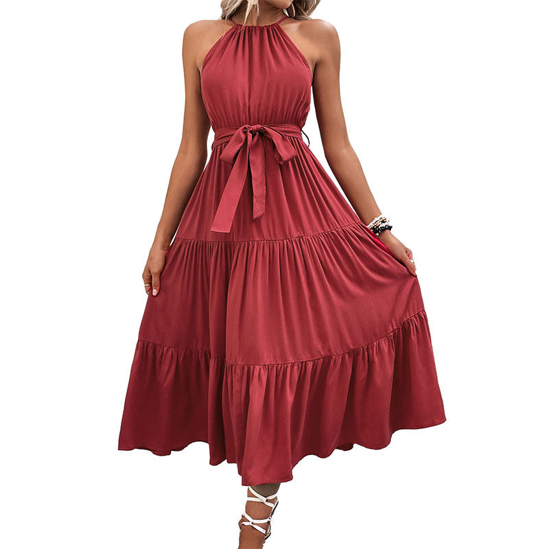 Damen Maxikleid mit tiefem V-Ausschnitt, Taillengurt und voluminösem Rock Drune