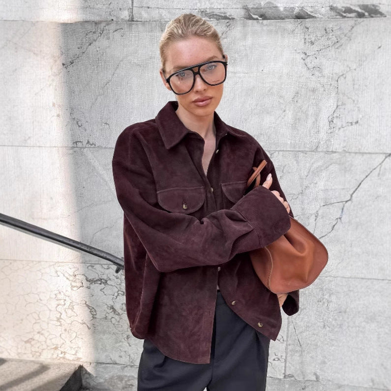 Damen Modische Suede Oversized Hemdjacke mit praktischen Taschen Drune