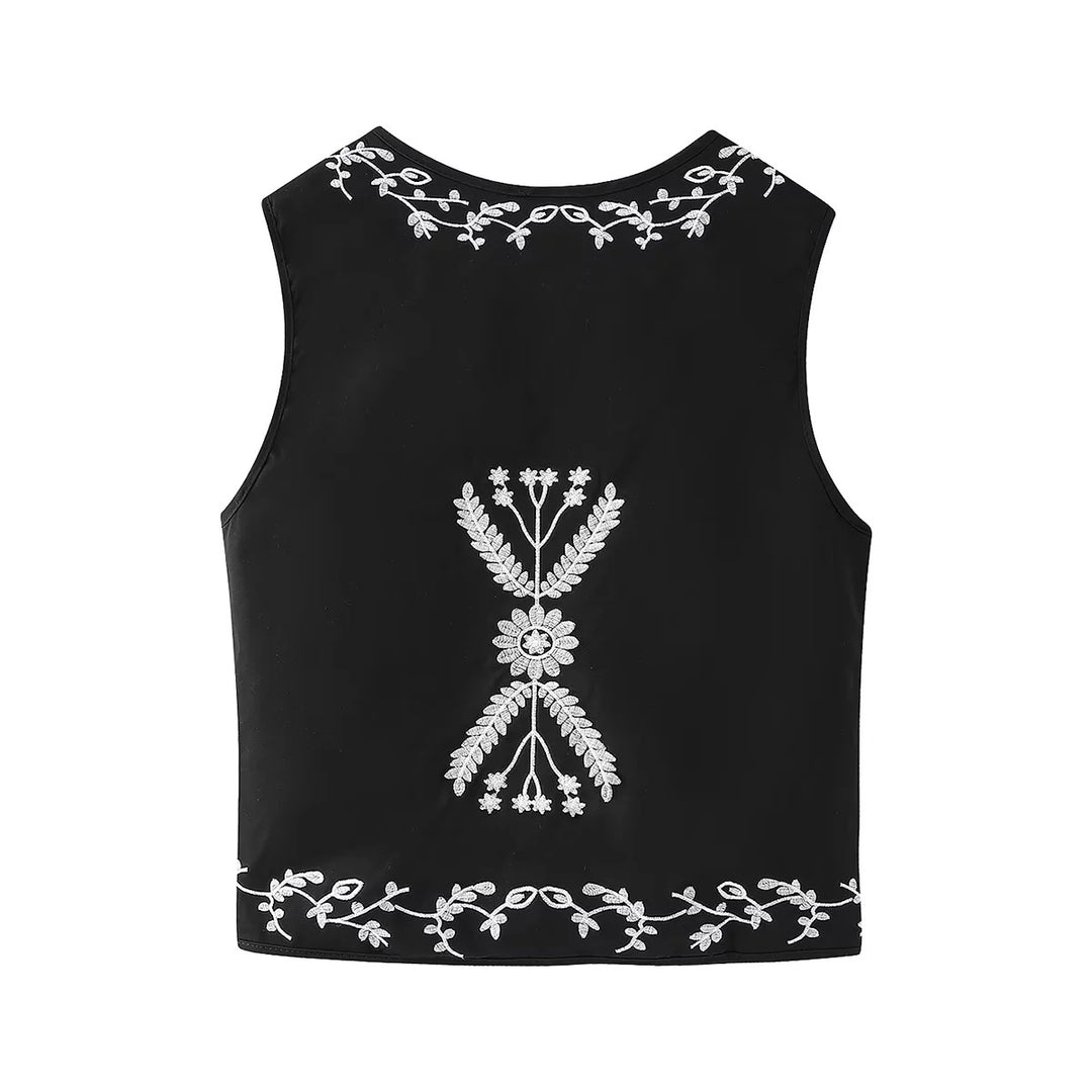 Damen nan bestickte Kurzweste im Boho-Stil mit tiefem V‑Ausschnitt, floraler Zierstickerei und Bindeband Drune