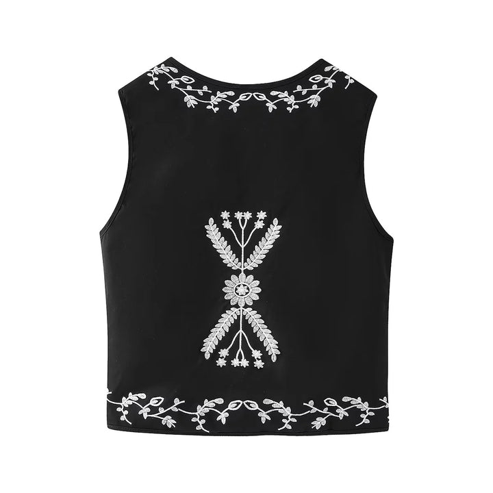 Damen nan bestickte Kurzweste im Boho-Stil mit tiefem V‑Ausschnitt, floraler Zierstickerei und Bindeband Drune