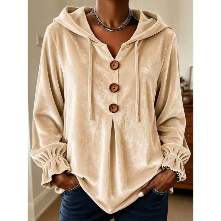 Damen Samt-Hoodie mit Holzknopfblende, Tunnelzug und gerafften Ärmeln Drune
