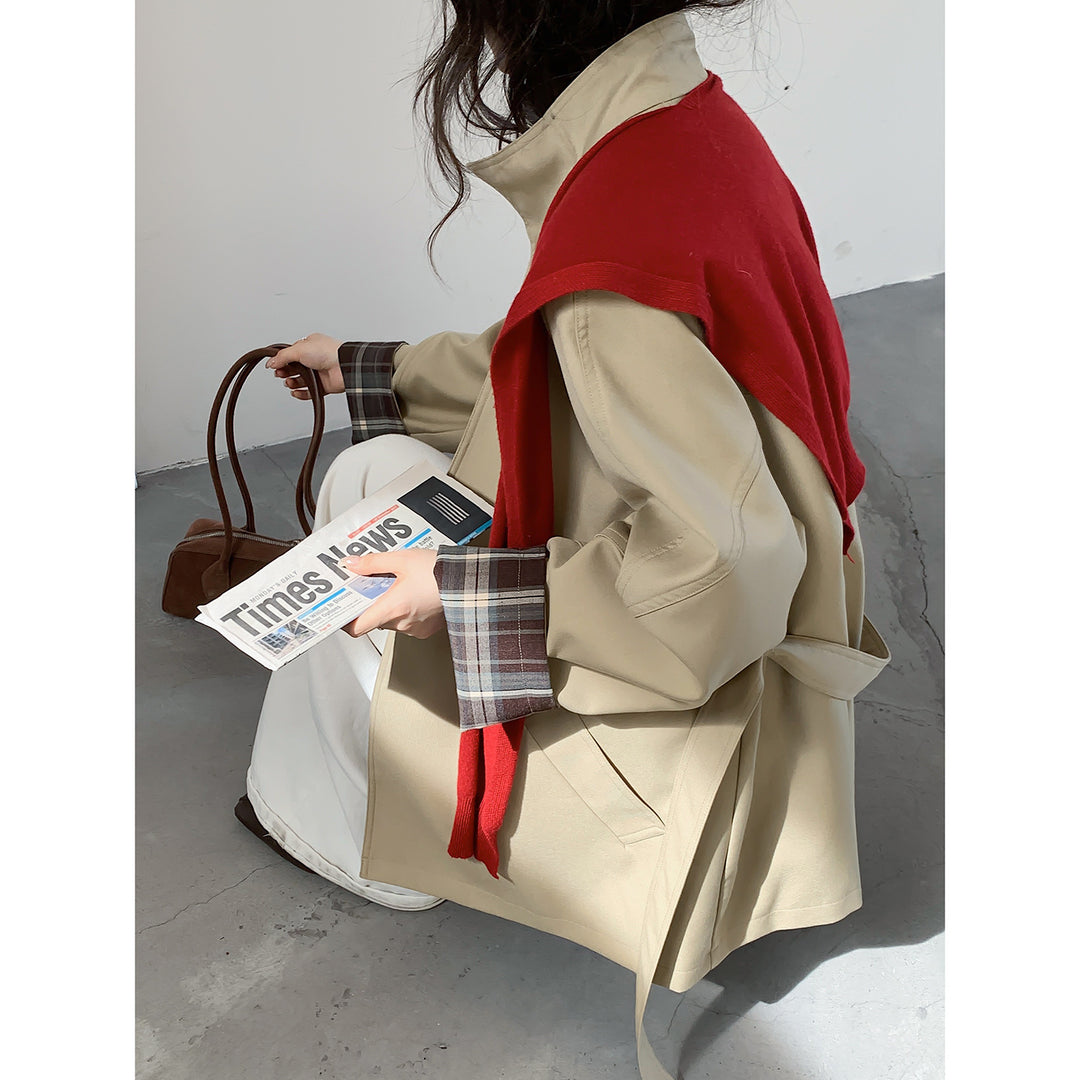 Damen Oversize Trenchcoat mit Taillengürtel und karierter Ärmelaufschlag Drune
