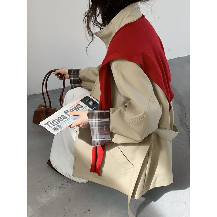 Damen Oversize Trenchcoat mit Taillengürtel und karierter Ärmelaufschlag Drune