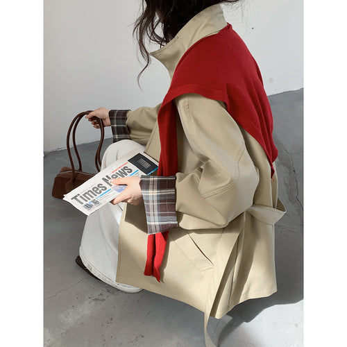 Damen Oversize Trenchcoat mit Taillengürtel und karierter Ärmelaufschlag Drune