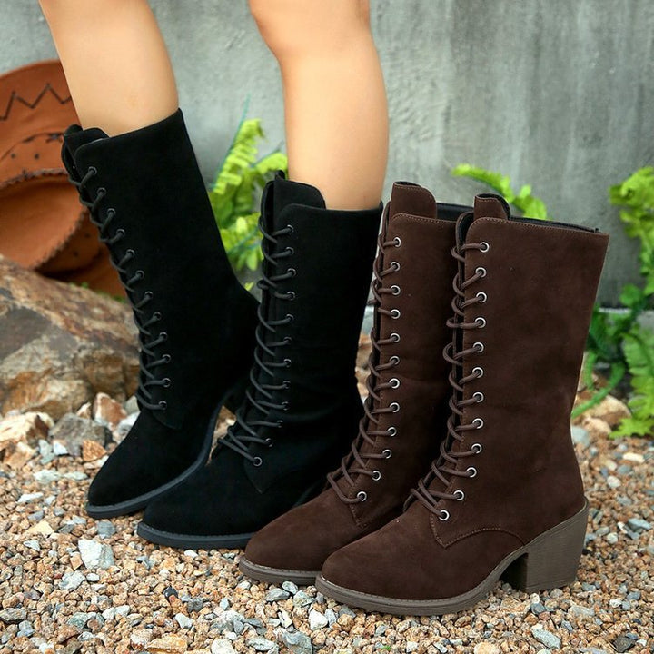 Damen Elegante Schnürstiefel aus Veloursoptik mit mittelhohem Schaft und komfortablem Blockabsatz Drune