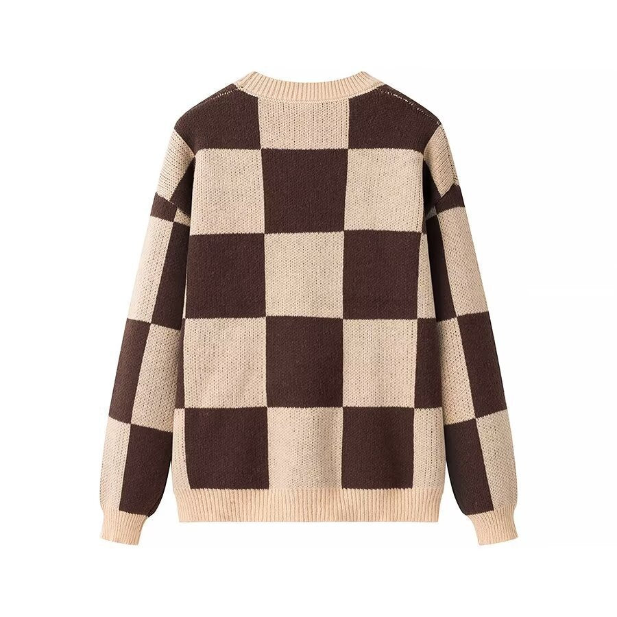 Damen Oversize-Strickpullover mit großem Karo‑Muster und geripptem Saum Drune